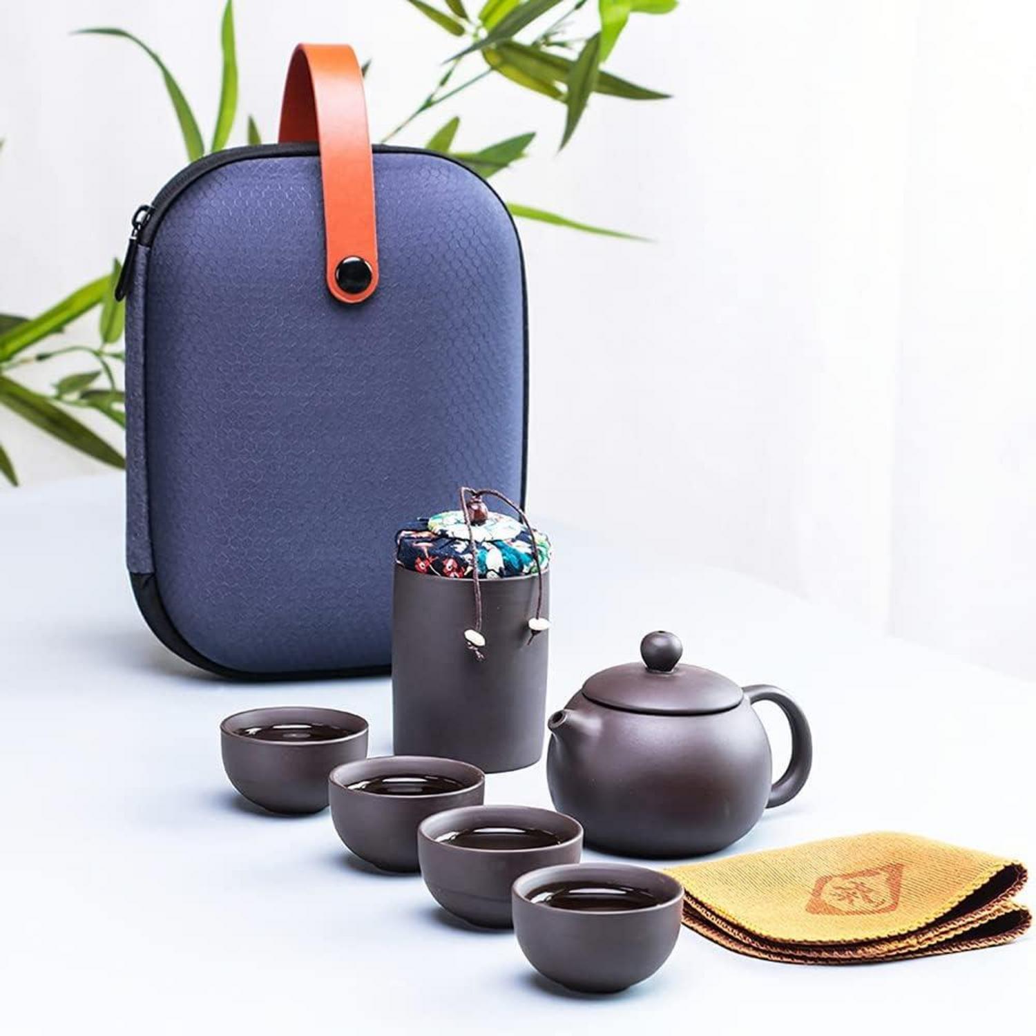 Chinesisches Tee Set Keramik 7-teilig 130ml Teekanne 4 Teebecher 30ml Travelling