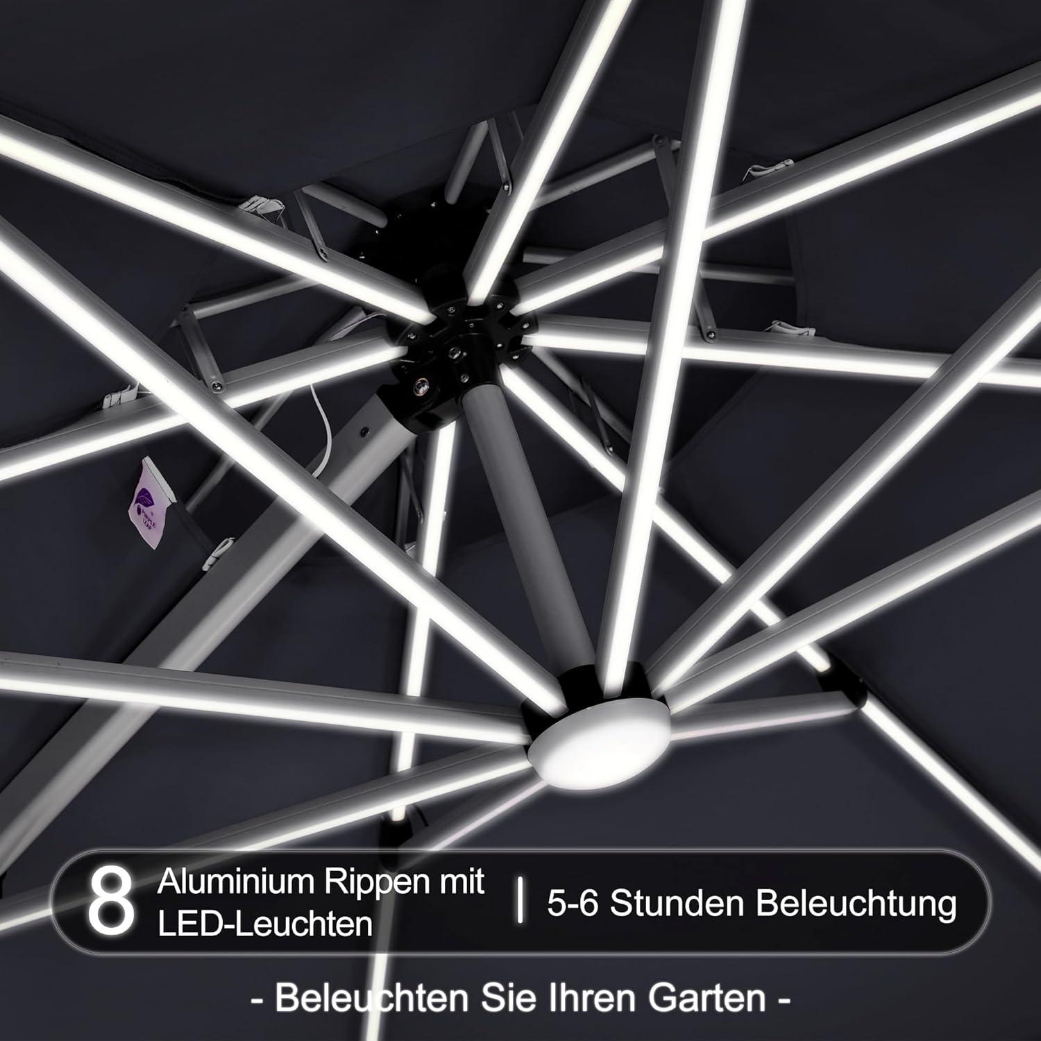 Sonnenschirm Ø 330 cm LED Solar Beleuchtung UV50+ Grau