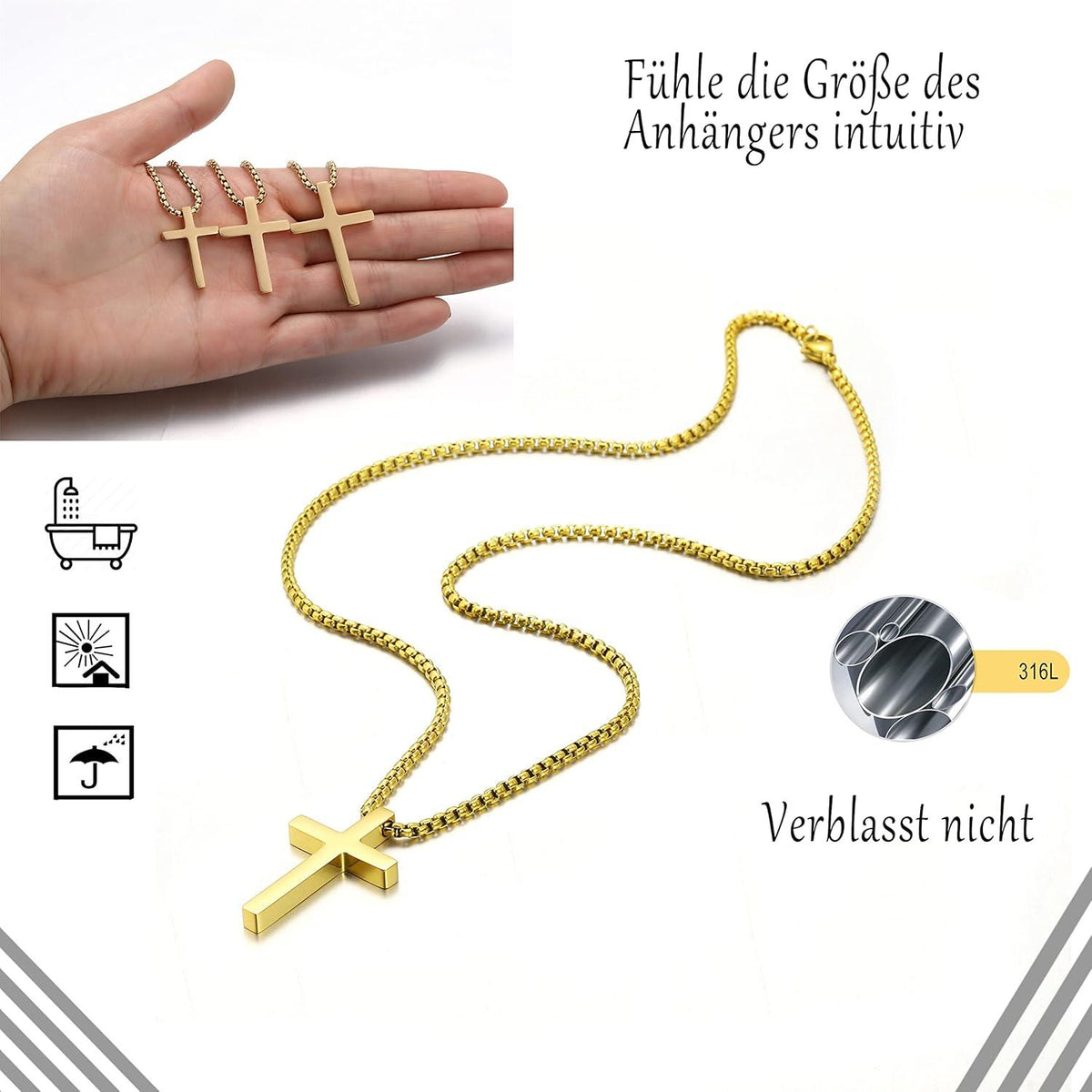Gold Kreuzkette Herren Halskette Religiöser Schmuck 55cm