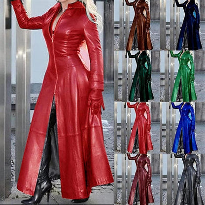 Damen PU Leder Kleid Langarm Elegant Etuikleid Latex 4XL Schwarz