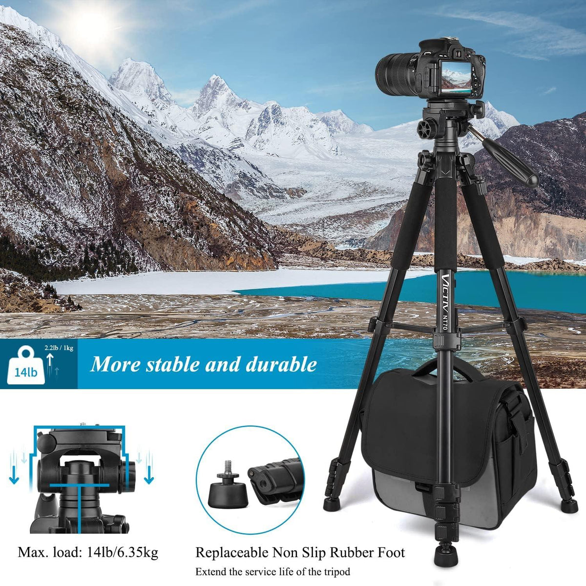 Kamera Stativ 52–185cm Höhe 3-Wege-Kopf Aluminium DSLR Nikon Sony