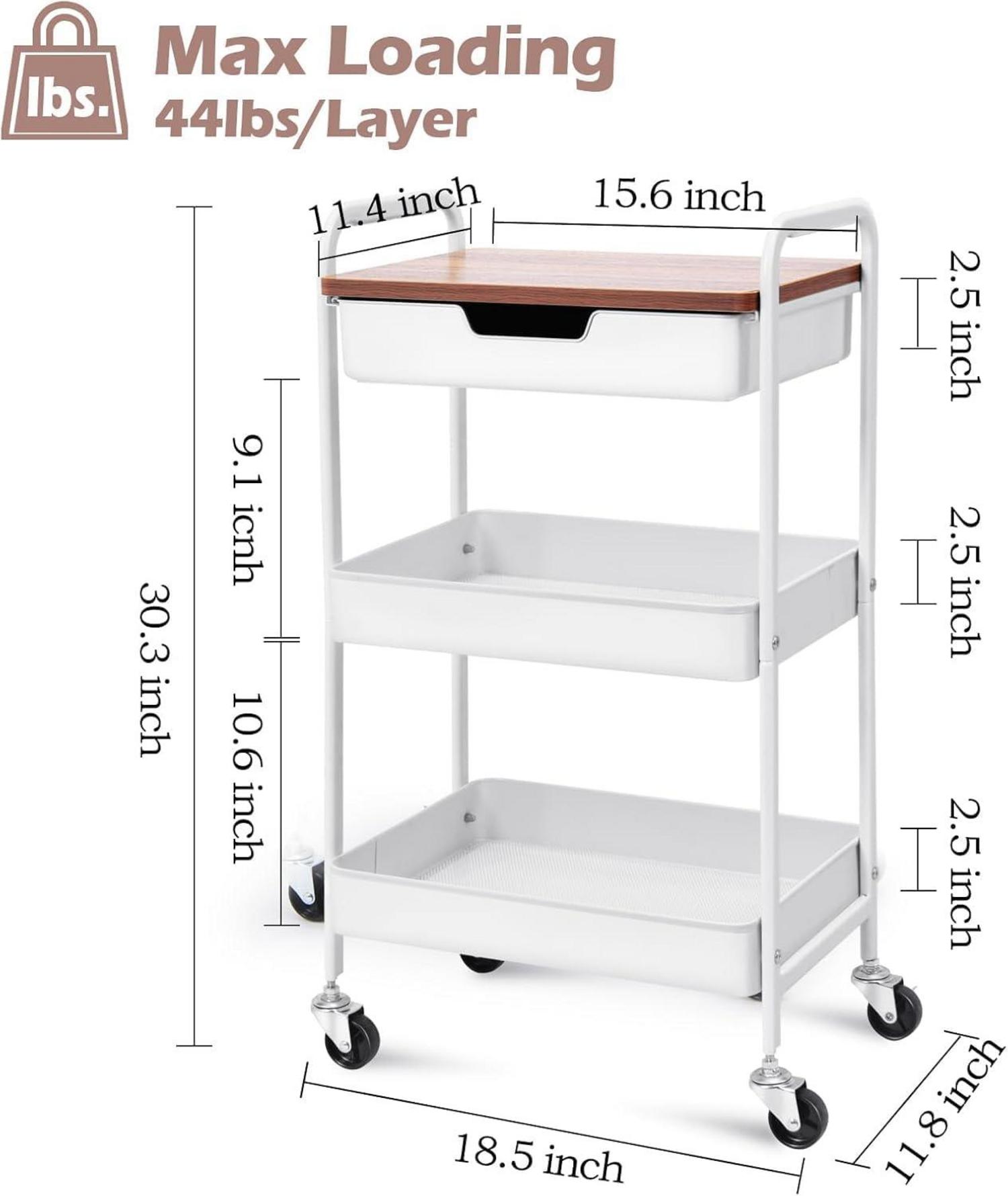 3-Tier Aufbewahrungswagen mit Tischplatte aus Metall für Küche Haus Büro Bad