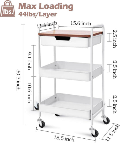 3-Tier Aufbewahrungswagen mit Tischplatte aus Metall für Küche Haus Büro Bad