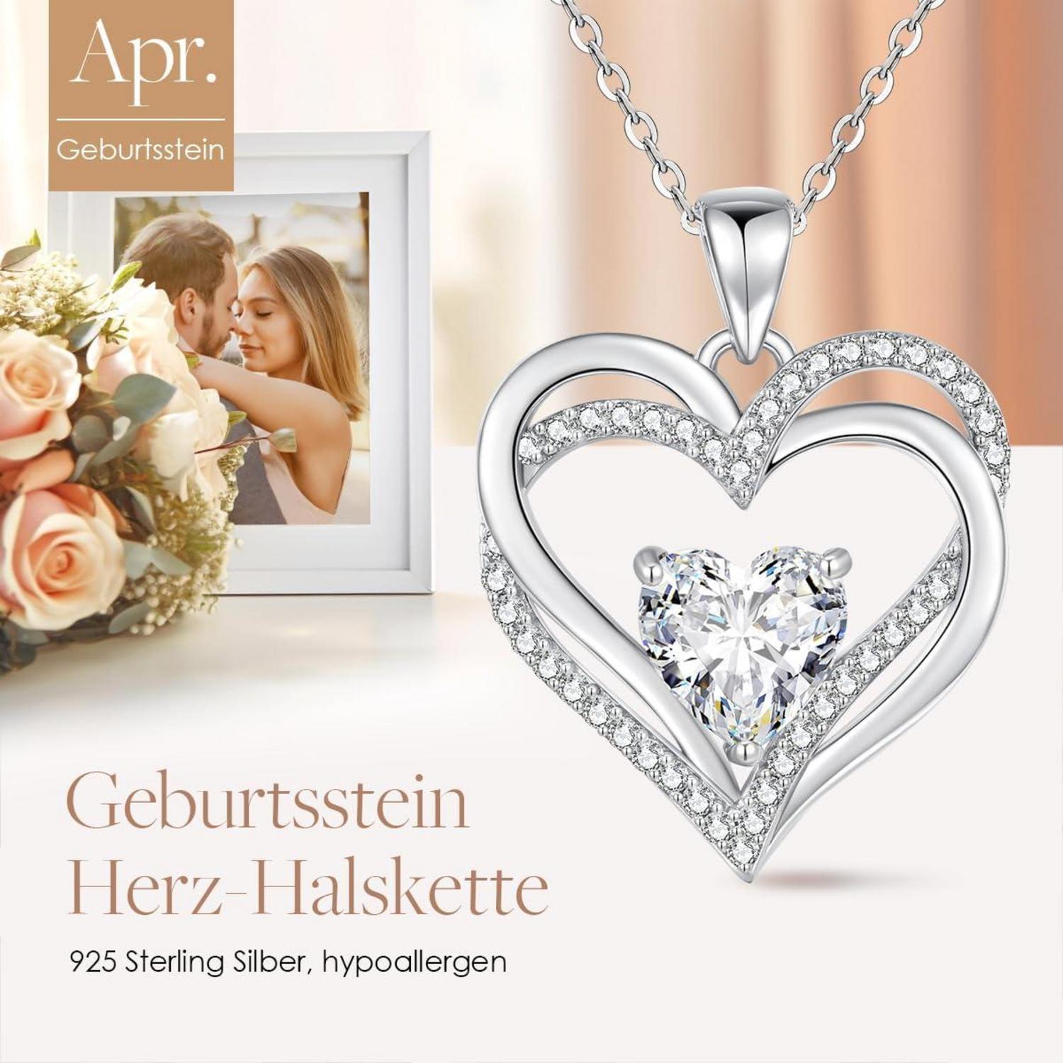 Herzkette mit Geburtsstein 925 Silber Anhänger - Geschenk Frau