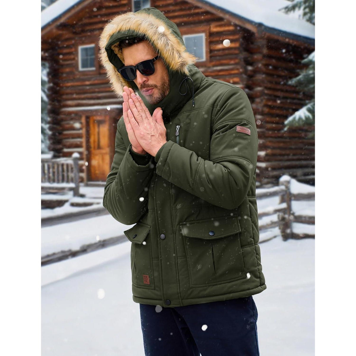 Herren Winter Parka mit abnehmbarer Kapuze, warm gefüttert, wasserabweisend, Armeegrün