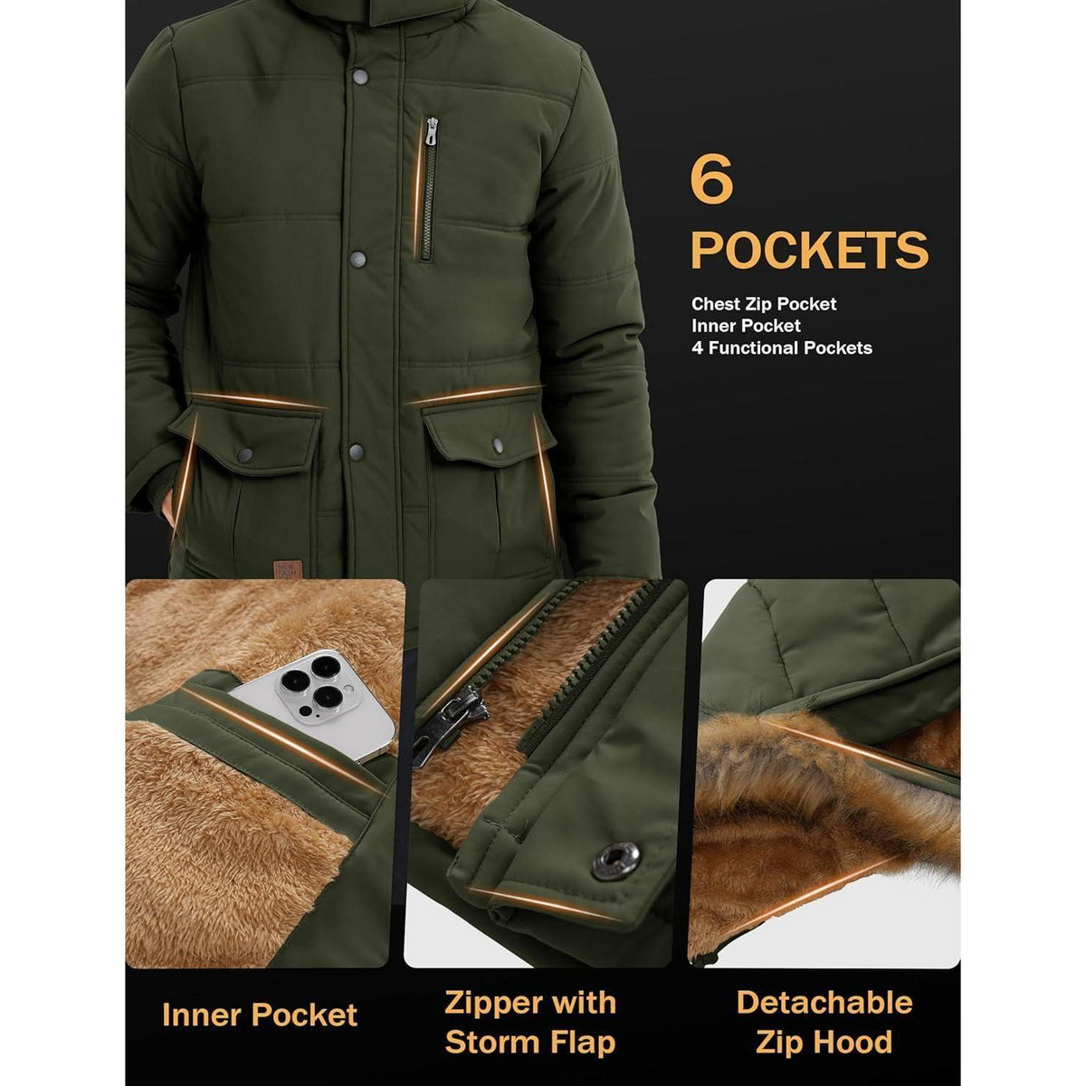 Herren Winter Parka mit abnehmbarer Kapuze, warm gefüttert, wasserabweisend