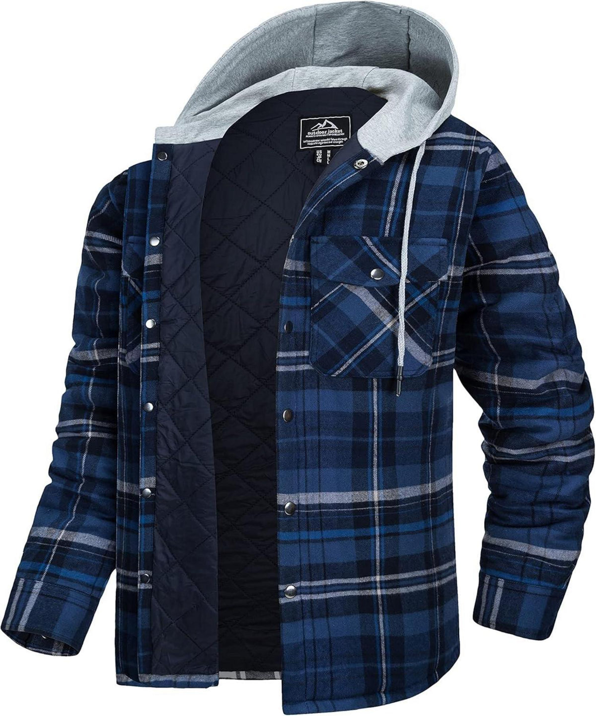 Kariertes Thermohemd mit Kapuze und Multi Taschen - Blau Grau