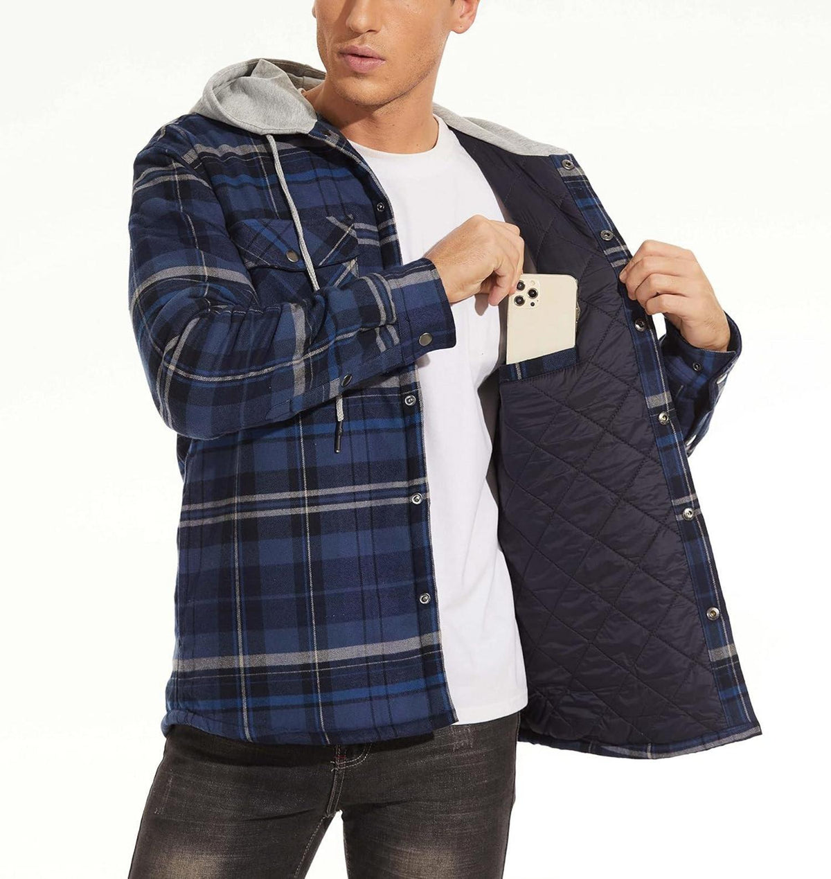 Herren Kariertes Thermohemd Gefüttert Hoodie mit Multi Taschen