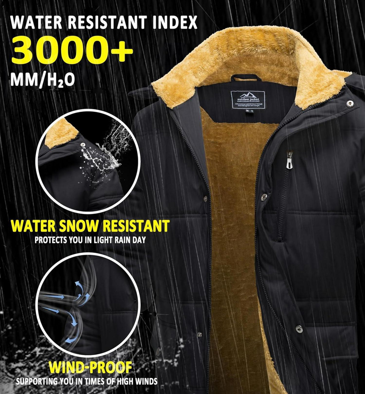 Winterparka Herren Winddichte Outdoor Fleecejacke Schwarz