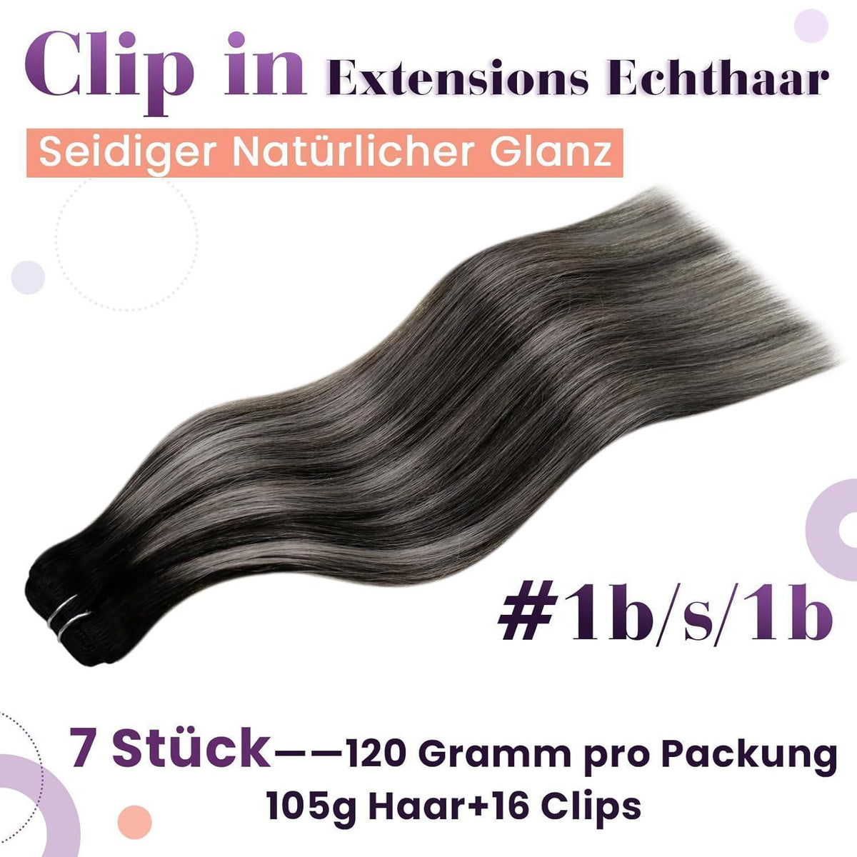 Clip-in Haarverlängerung Ombre Schwarz Silber Echthaar