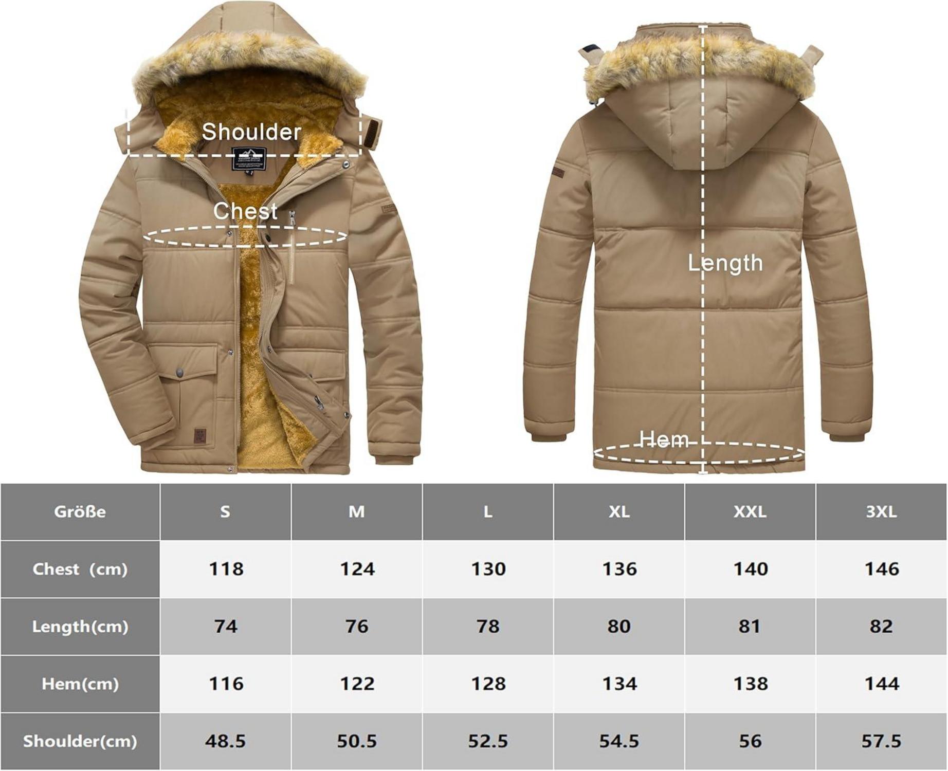 Herren Winter Parka Outdoor Jacke Winddicht Fleece Gefüttert XXL Khaki