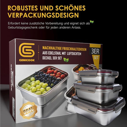 GENICOOK Edelstahl Frischhaltedosen luftdicht stapelbar 3er