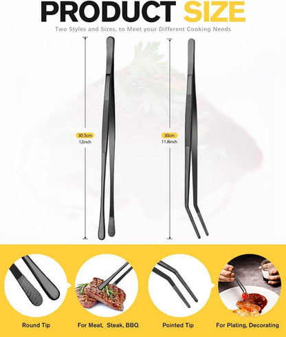 2er Set Profi-Küchenpinzetten 12'' Edelstahl für Kochen, BBQ & Reparieren