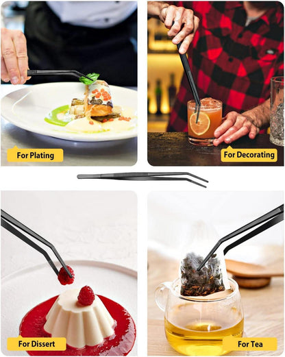 Kochpinzette Set 12'' Edelstahl, BBQ Pinzette Schwarz 2 Stück