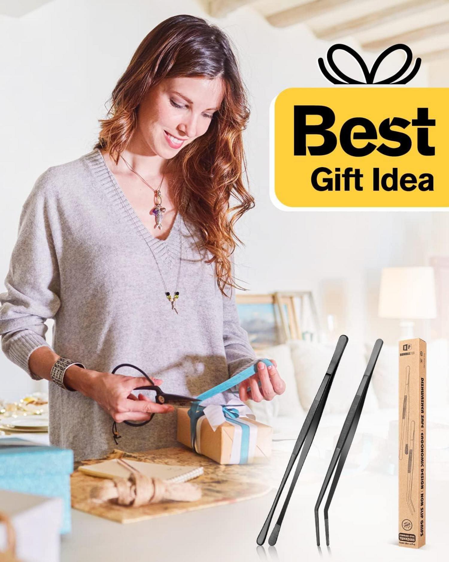 Kochpinzette Set 12'' Edelstahl, BBQ Pinzette Schwarz 2 Stück