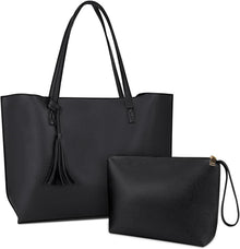Schwarze Leder Handtasche Damen Shopper Set mit Henkeltasche