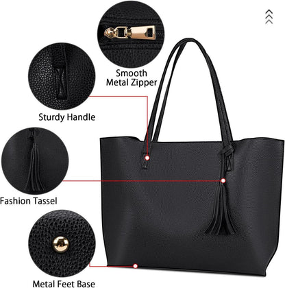NUBILY Handtaschen Damen Shopper Groß Schwarz Leder Umhängetasche Henkeltasche 2er Set Tote Bag Schultertasche