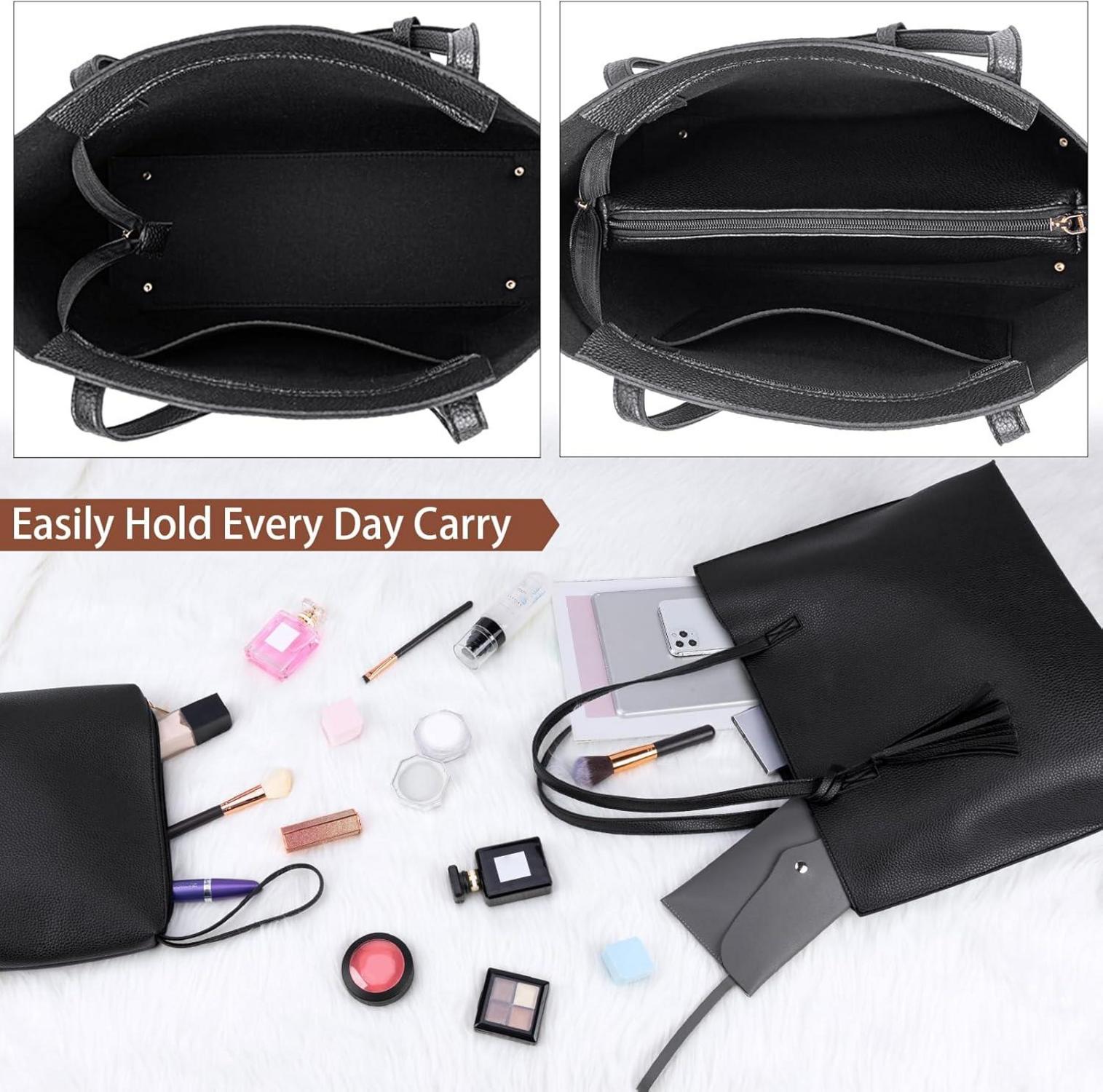 NUBILY Damen Schwarz PU Leder Shopper Henkeltasche 2PCS Set