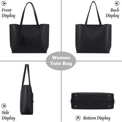 NUBILY Damen Schwarz PU Leder Shopper Henkeltasche 2PCS Set