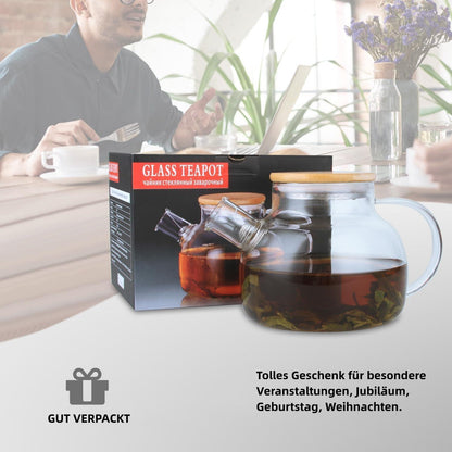 Teekanne Glas 1200ML Transparent mit Siebeinsatz Herdsicher