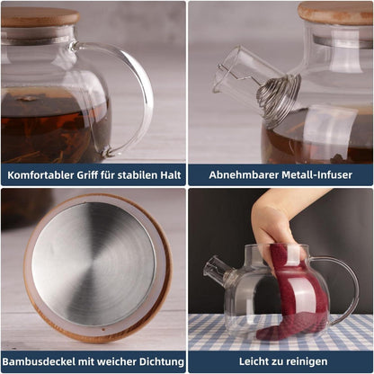Glasteekanne mit Siebeinsatz 900 ml für lose Blätter und blühenden Tee