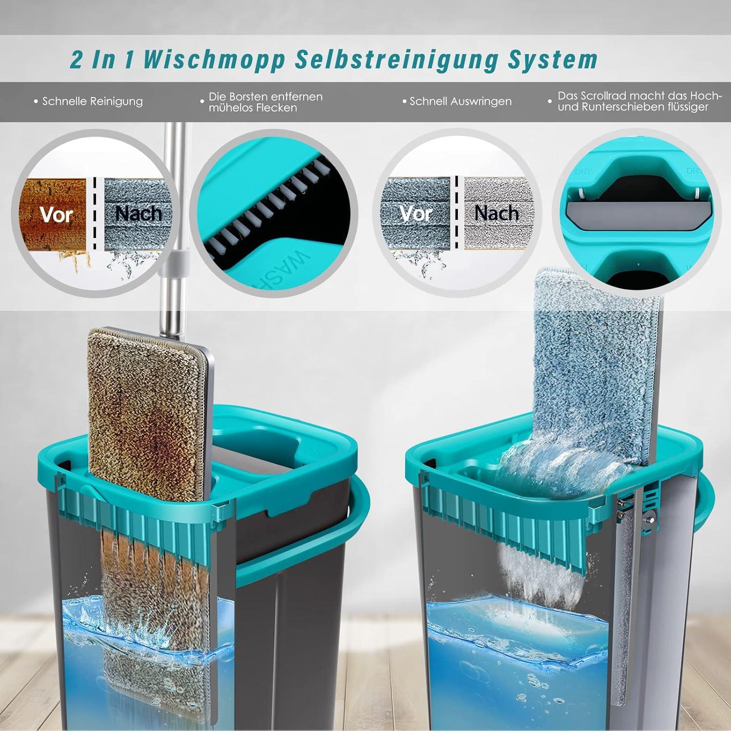 Myiosus Wischmopp Set mit Eimer und 6 Mikrofaser Wischpads