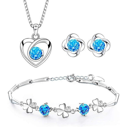 Schmuckset Damen Silber 925 mit Zirkonia, Herz Halskette & Klee Armband & Ohrstecker