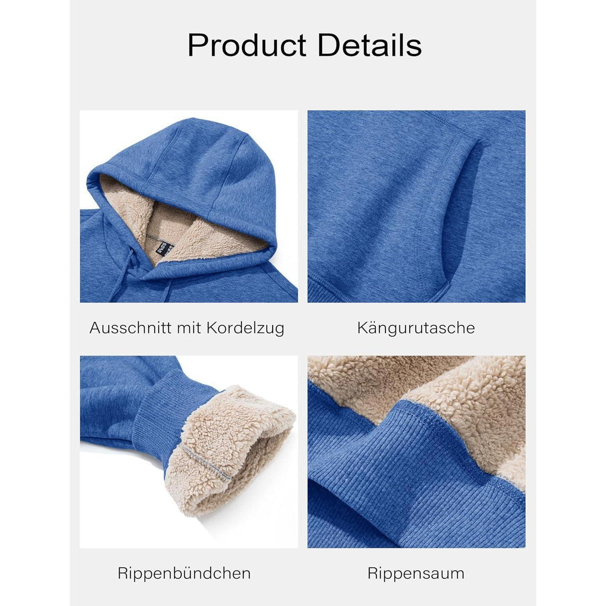 Herren Hoodie Gefüttert mit Kordelzug - Grau Blau L