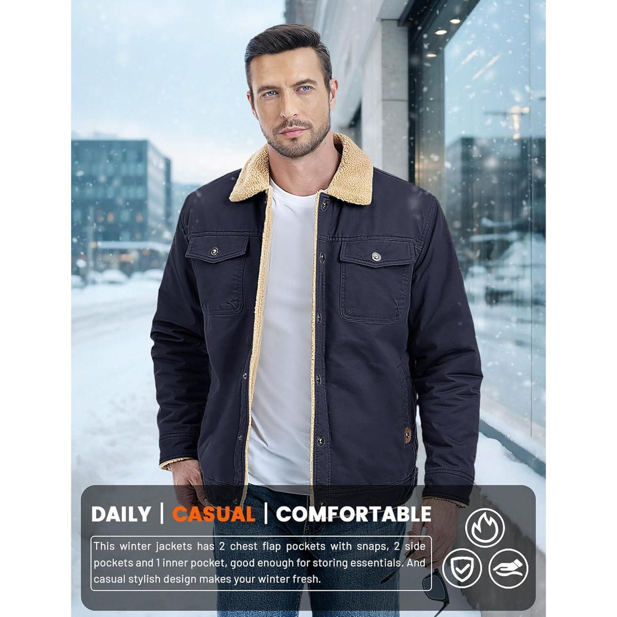 Herren Fleecejacke Winterparka mit 5 Taschen – Dunkelblau