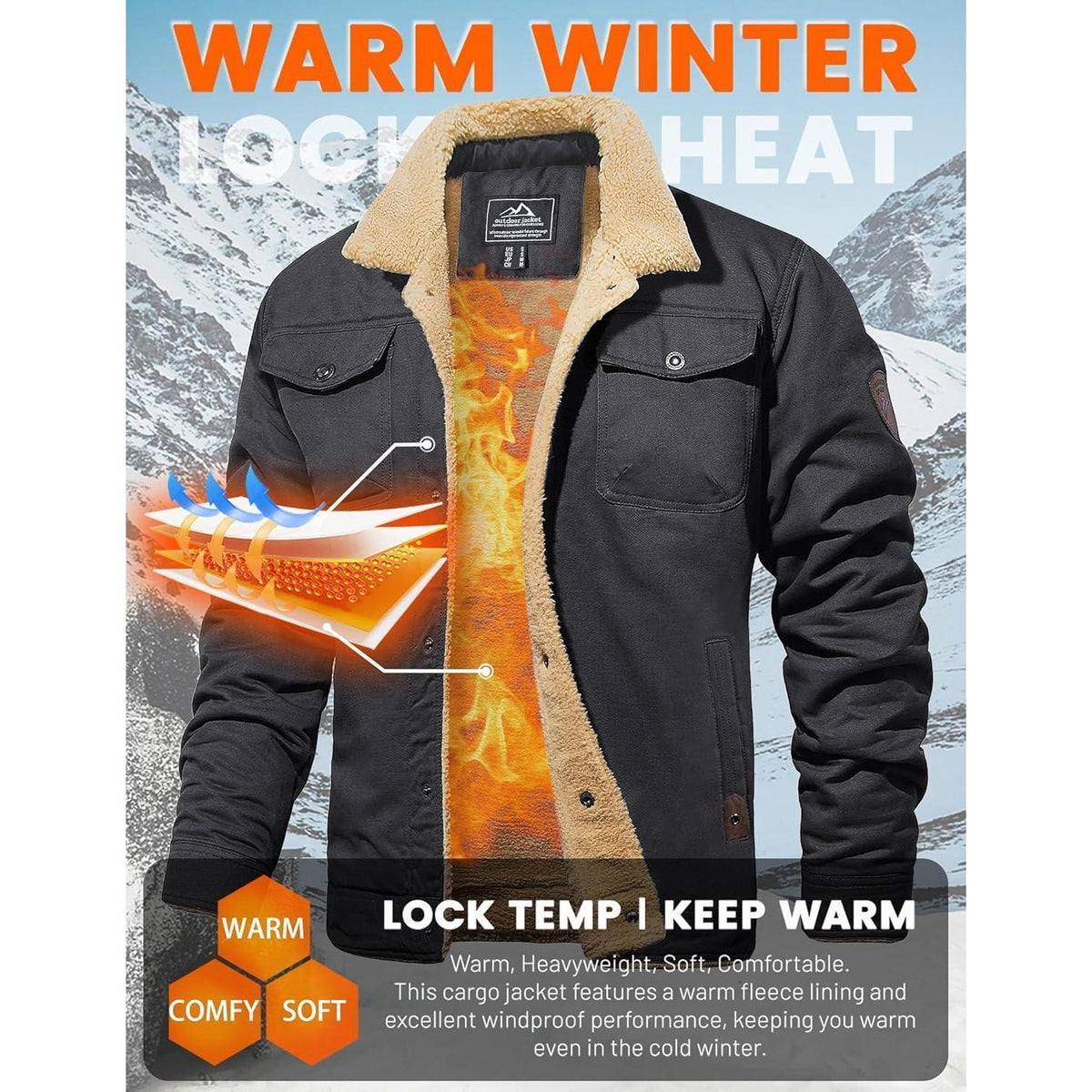 Herren Fleecejacke Winterparka Dunkelgrau mit 5 Taschen