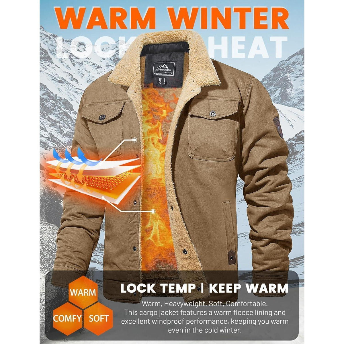 Herren Fleecejacke Winterparka mit 5 Taschen – Khaki