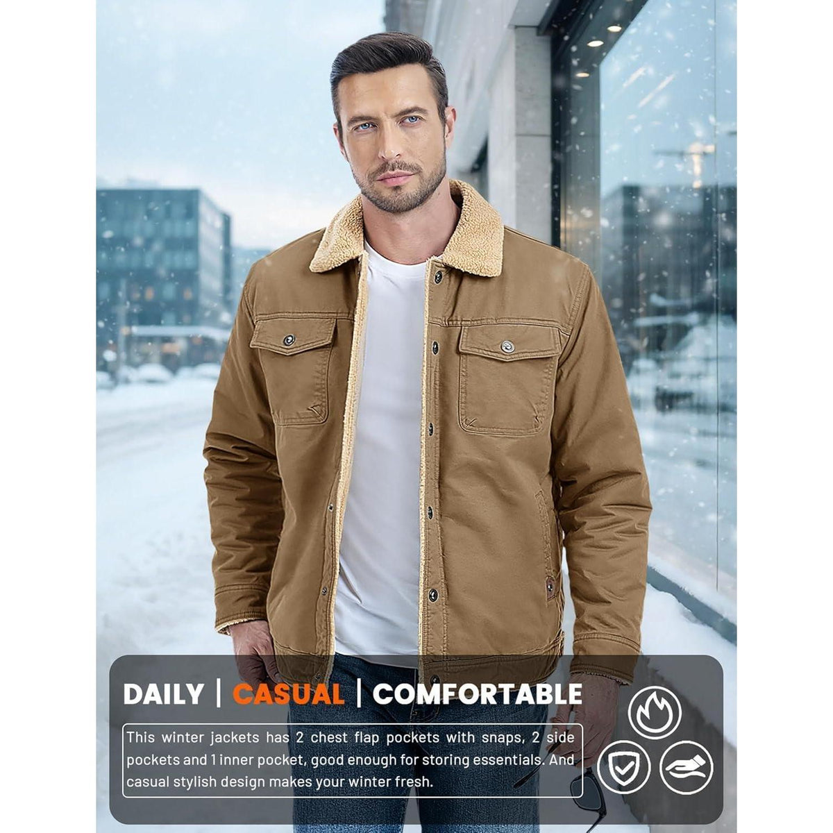 Herren Fleecejacke Winterparka mit 5 Taschen – Khaki