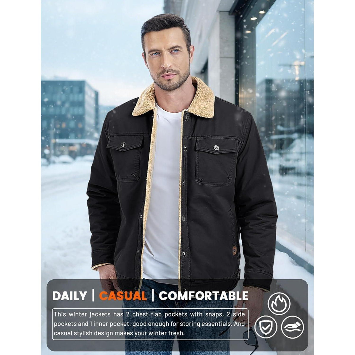 Herren Fleecejacke Winterparka mit 5 Taschen – Schwarz