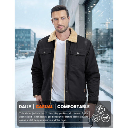 Herren Fleecejacke Winterparka mit 5 Taschen – Schwarz