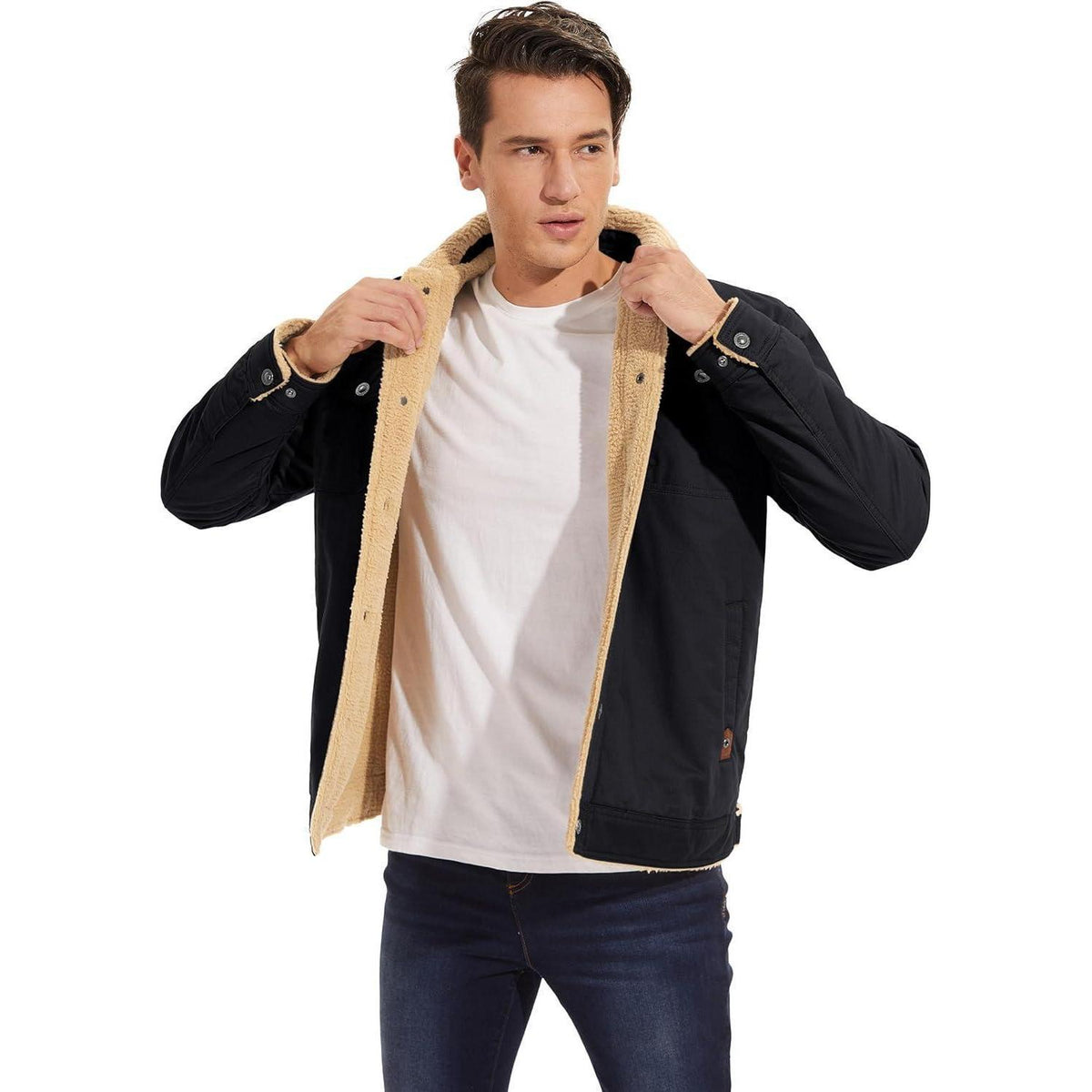 Herren Fleecejacke Winterparka mit 5 Taschen – Schwarz