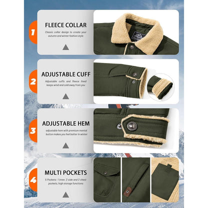 Herren Fleecejacke Winterparka mit 5 Taschen – Armeegrün