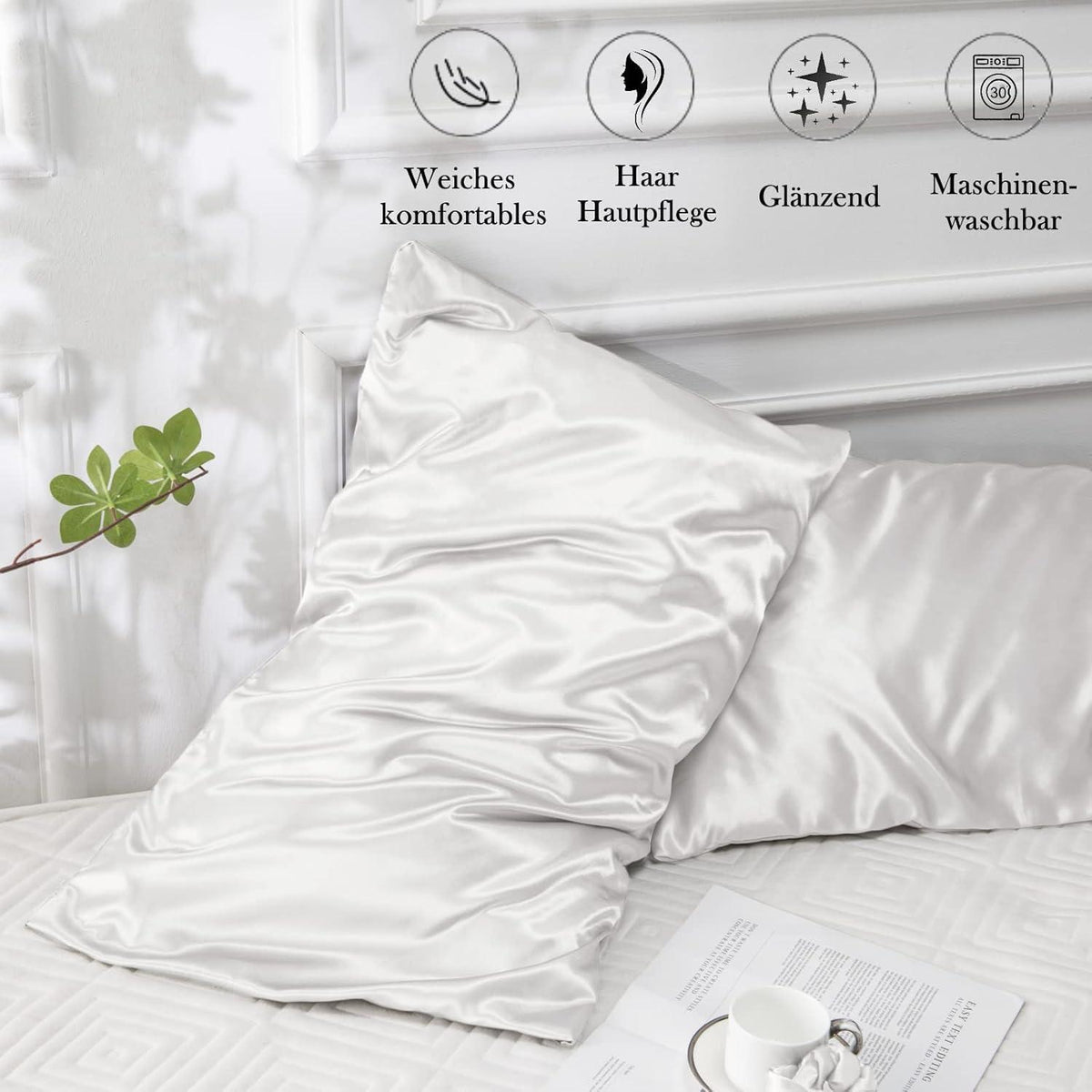 Satin Kissenbezug 40x80 Weiß 2er Set mit Haargummis & Pflege