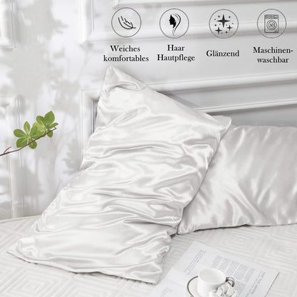 Satin Kissenbezug 40x80 Weiß 2er Set mit Haargummis & Pflege