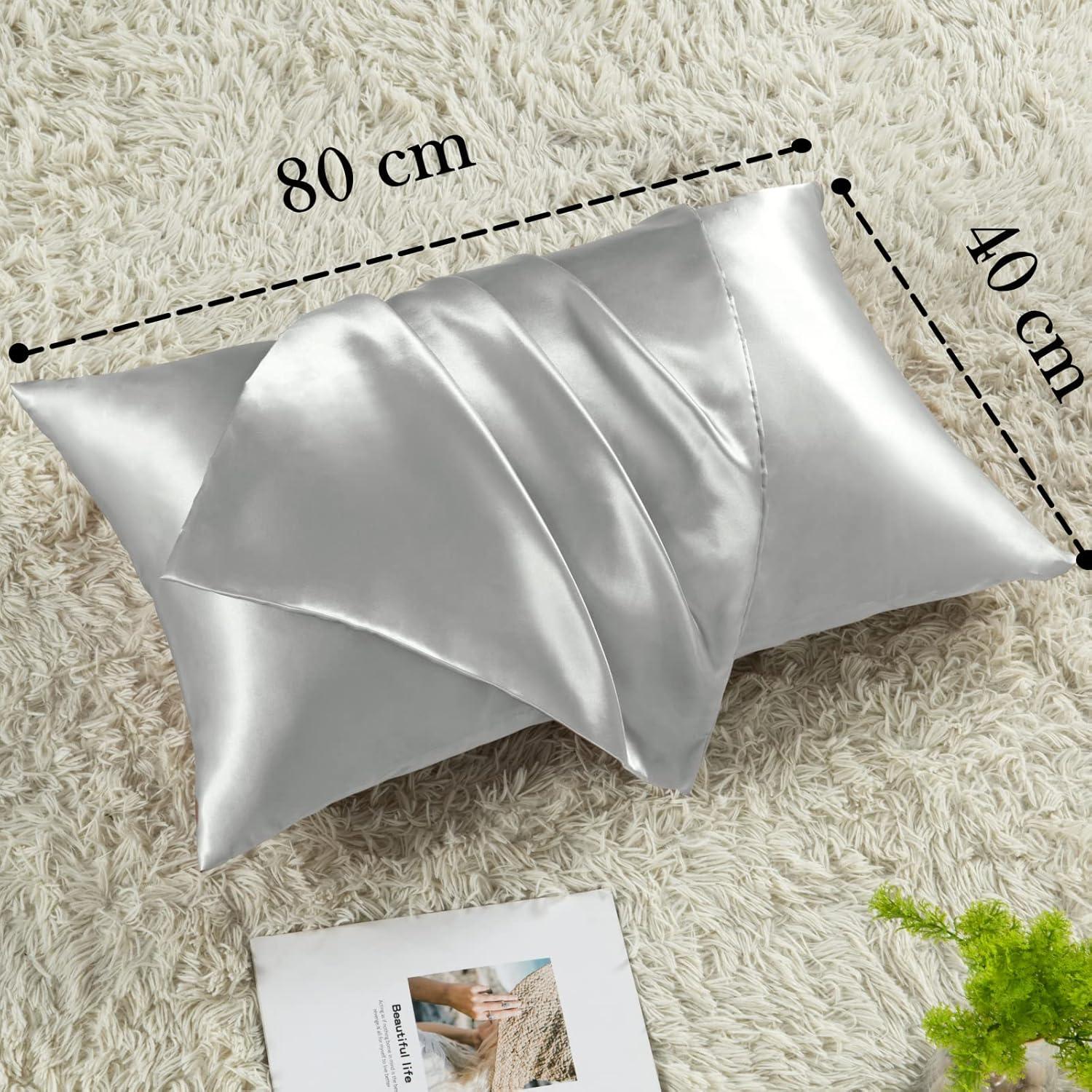 Satin Kissenbezug 40x80 Set Silber Grau mit Haargummis - Pflege für Haar & Haut