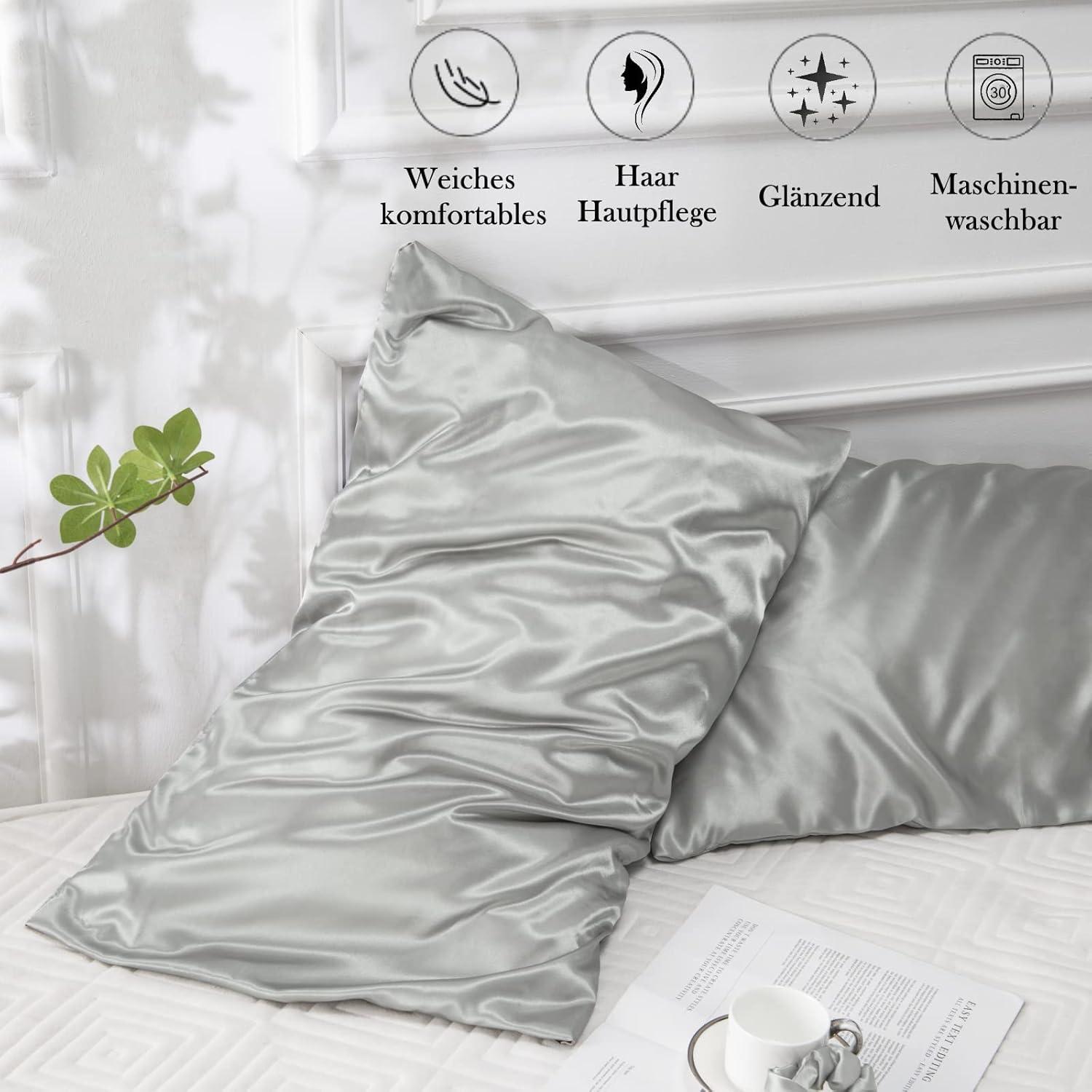 Satin Kissenbezug 2er Set 40x80 Grau mit Haargummis - Hautpflege