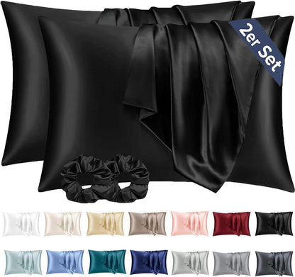 Satin Kissenbezug 40x80 Schwarz Haarpflege Hautpflege inkl. Haargummis