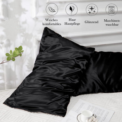 Satin Kissenbezug 2er Set Schwarz 40x80 Weich Pflege Haar Haut