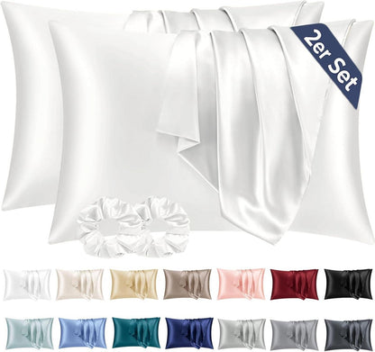 2er Set Satin Kissenbezug 40x80 Ivory mit Haargummis
