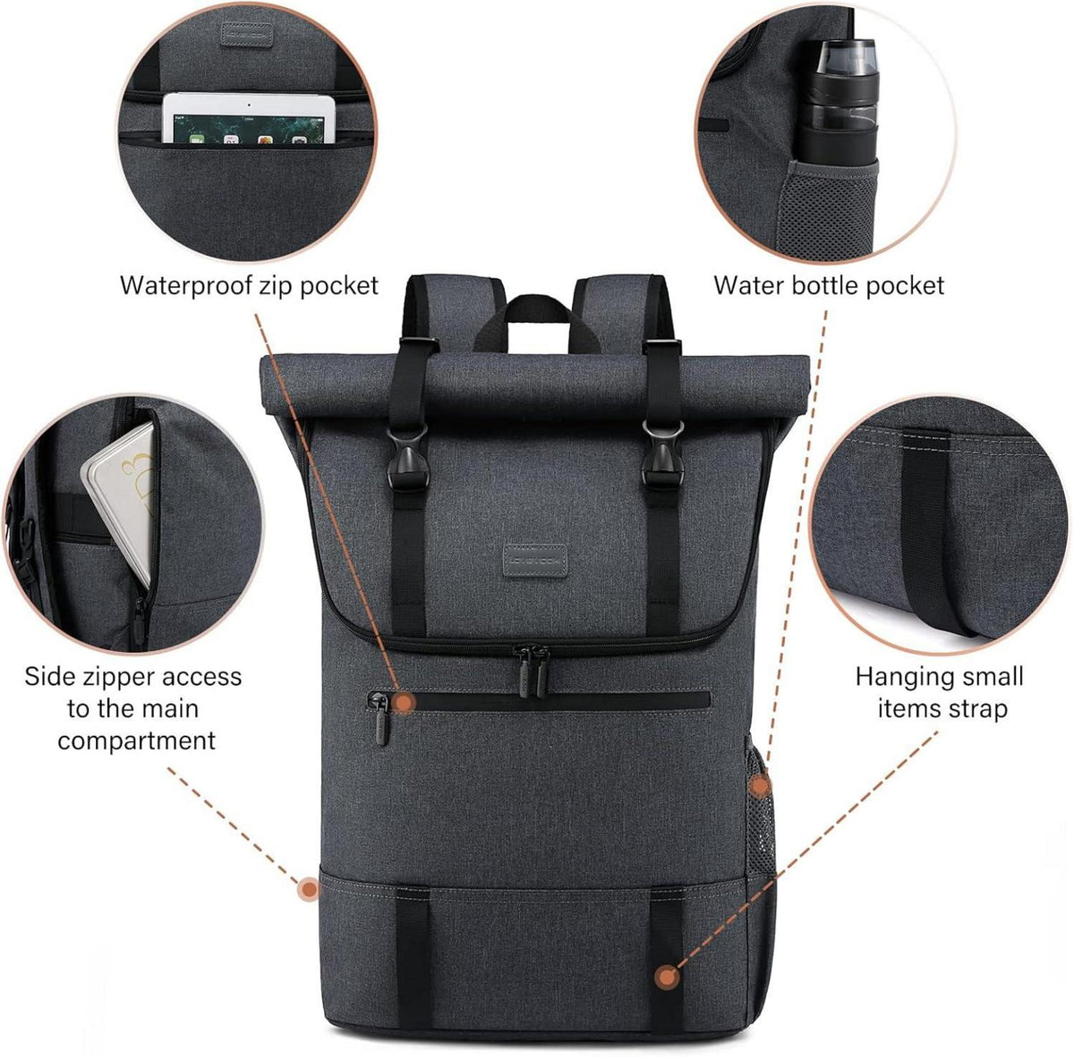 Rucksack Damen Herren 17 Zoll Laptop Wasserdicht Roll Top groß stylisch Dunkelgrau