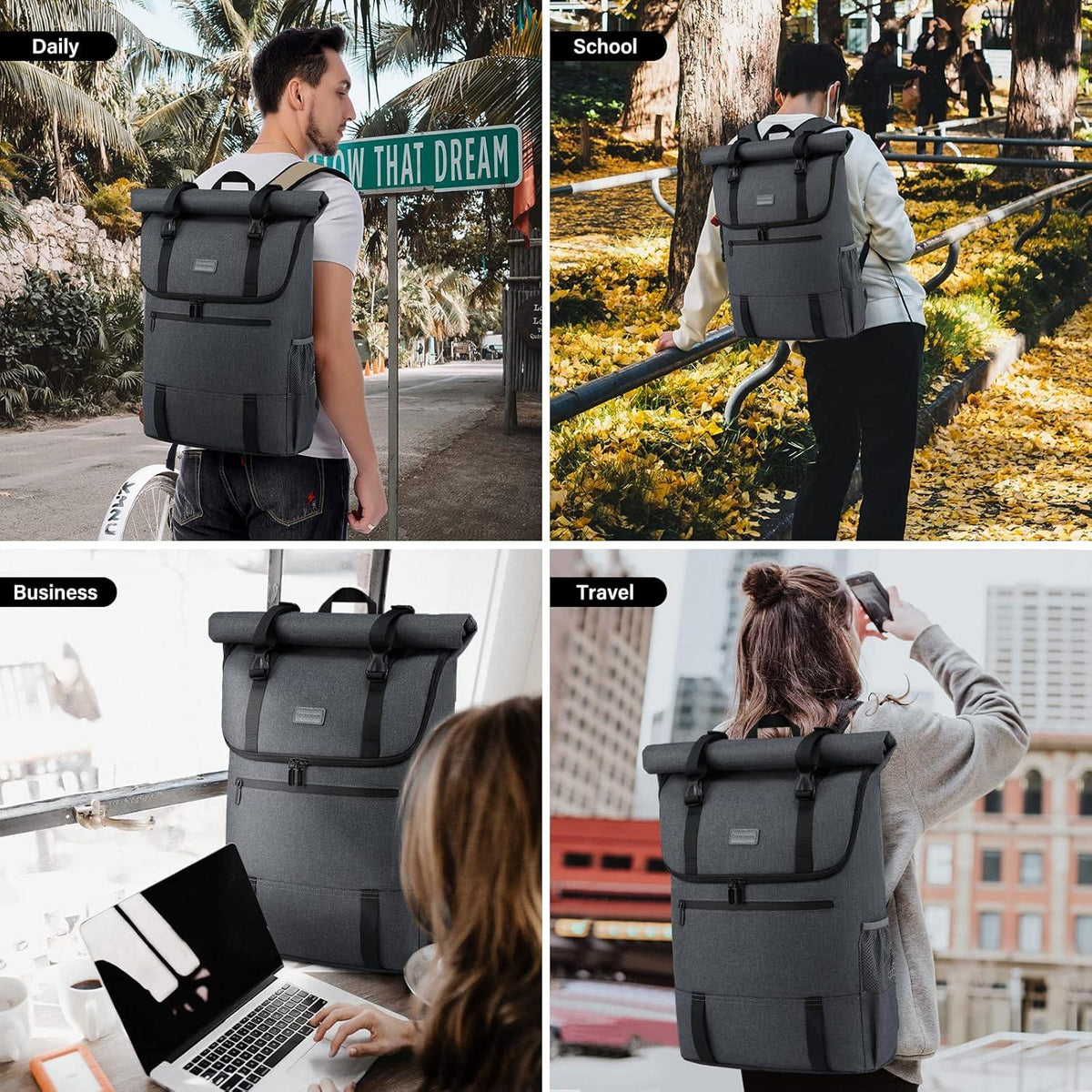 Rucksack Damen Herren 17 Zoll Laptop Wasserdicht Roll Top