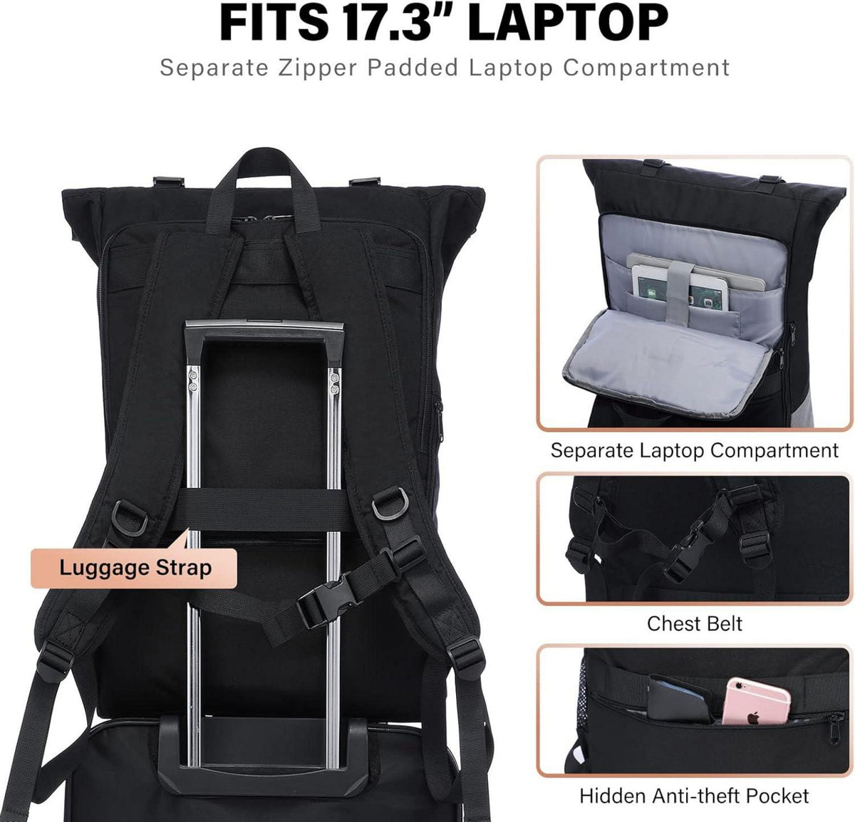 Großer Wasserdichter Laptop Rucksack 17,3 Zoll Rolltop Uni Arbeit