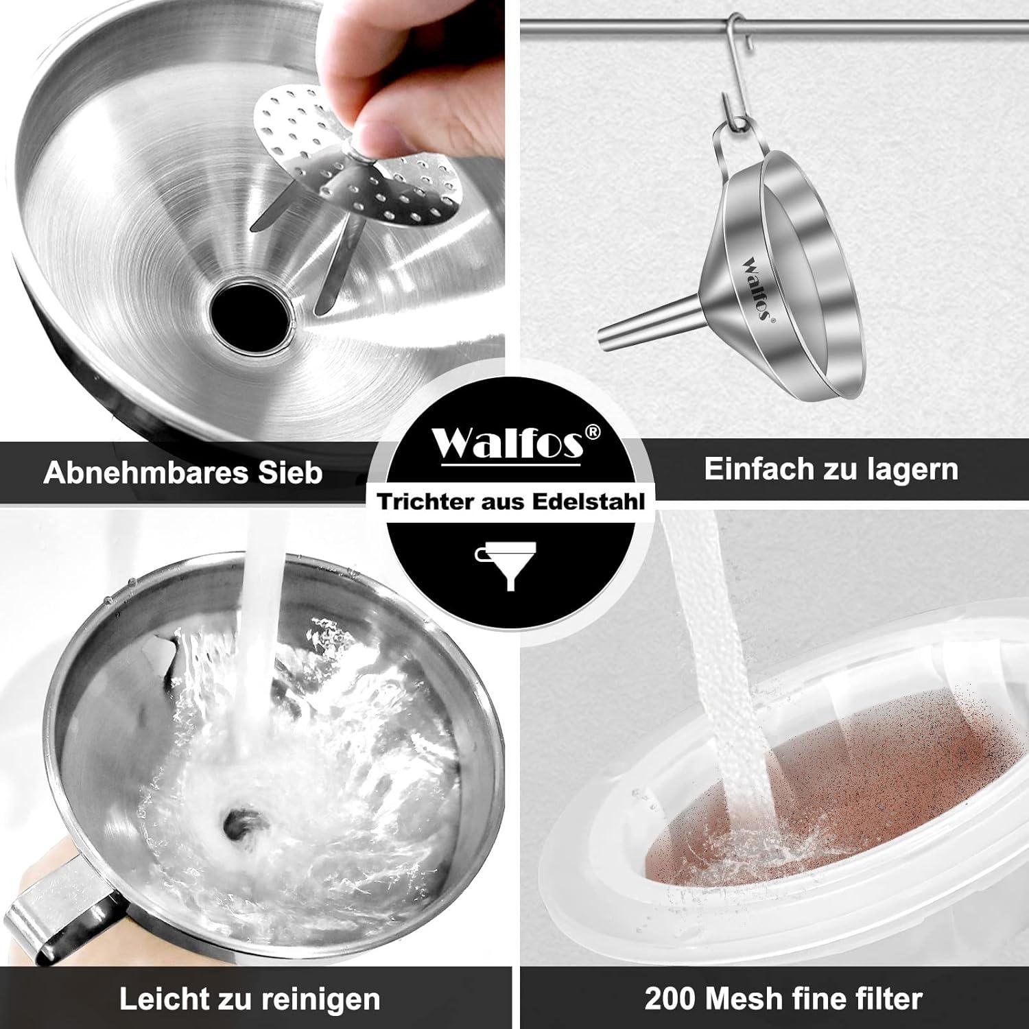 Walfos Trichter Edelstahl 13 cm mit Sieben Reinigungsbürste 200 Mesh