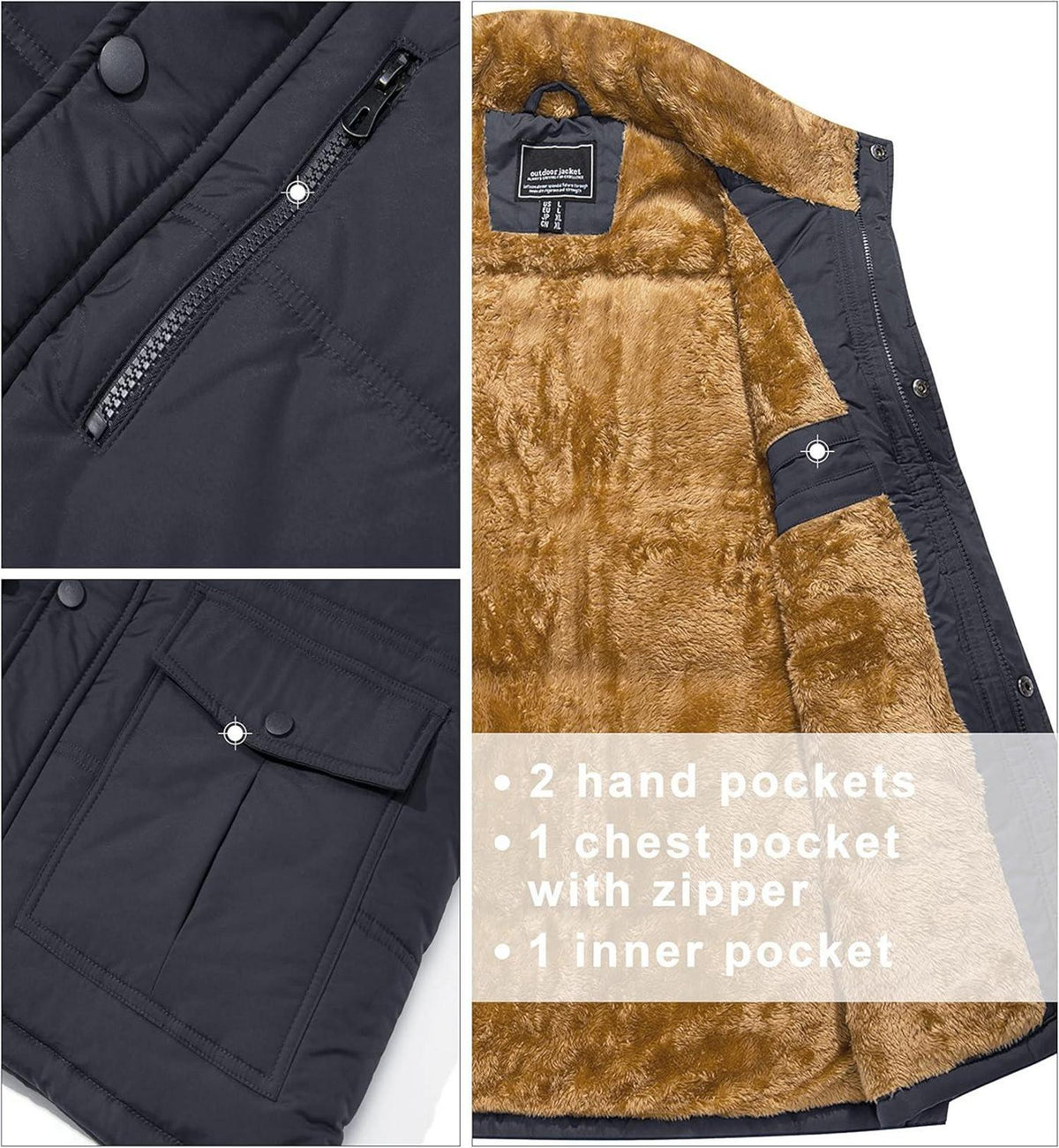 Herren Winterweste Gefüttert Outdoor Fleeceweste Thermo Taschen L