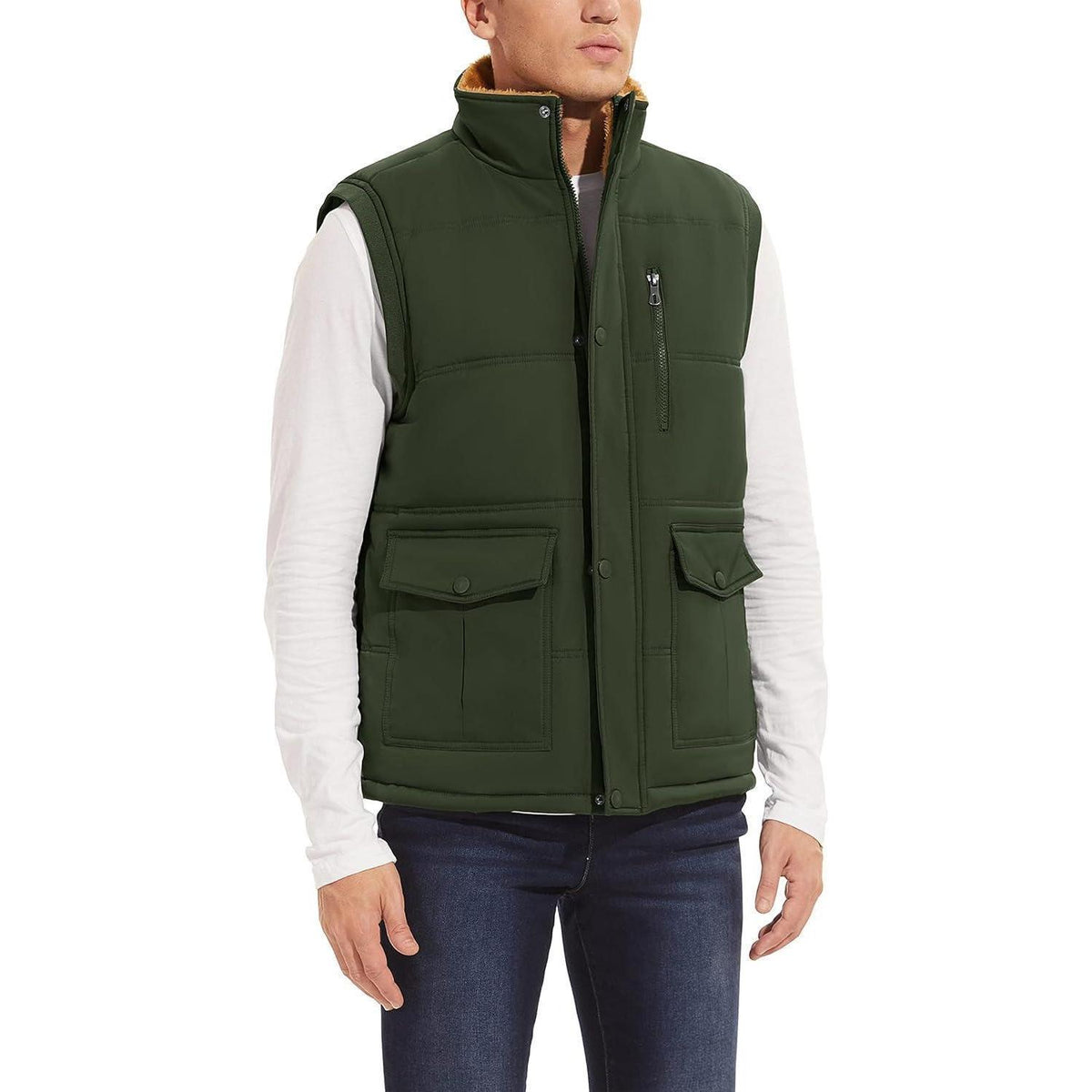 Gefütterte Fleeceweste Herren – Winterjacke Ärmellos, Mehr Taschen, Armeegrün