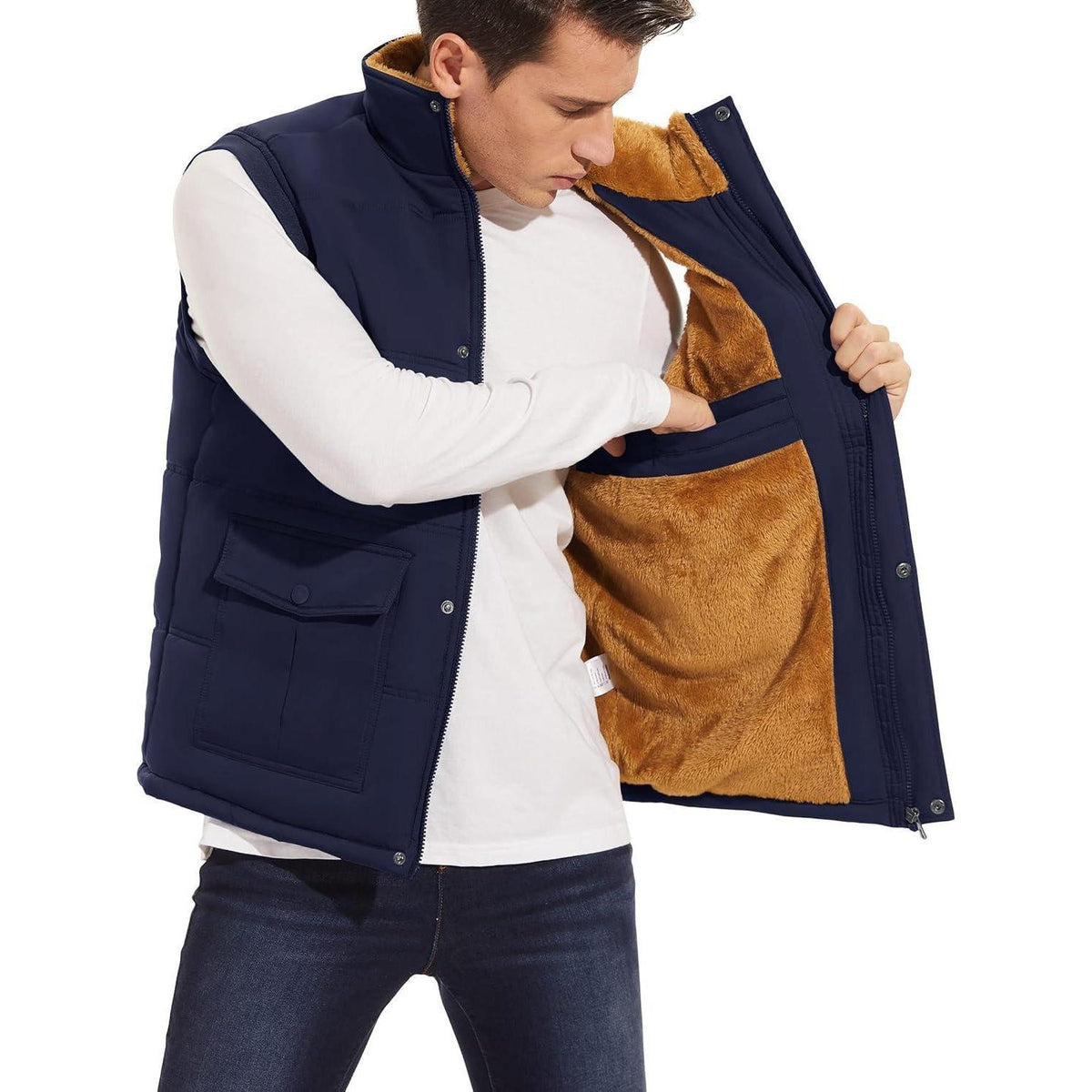 Gefütterte Fleeceweste Herren – Winterjacke Ärmellos Dunkelblau